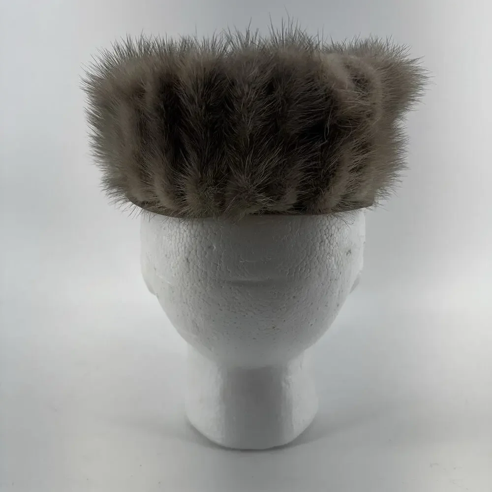 1960s Grey Ribbed Mink Fur Pillbox Hat Vintage Cap